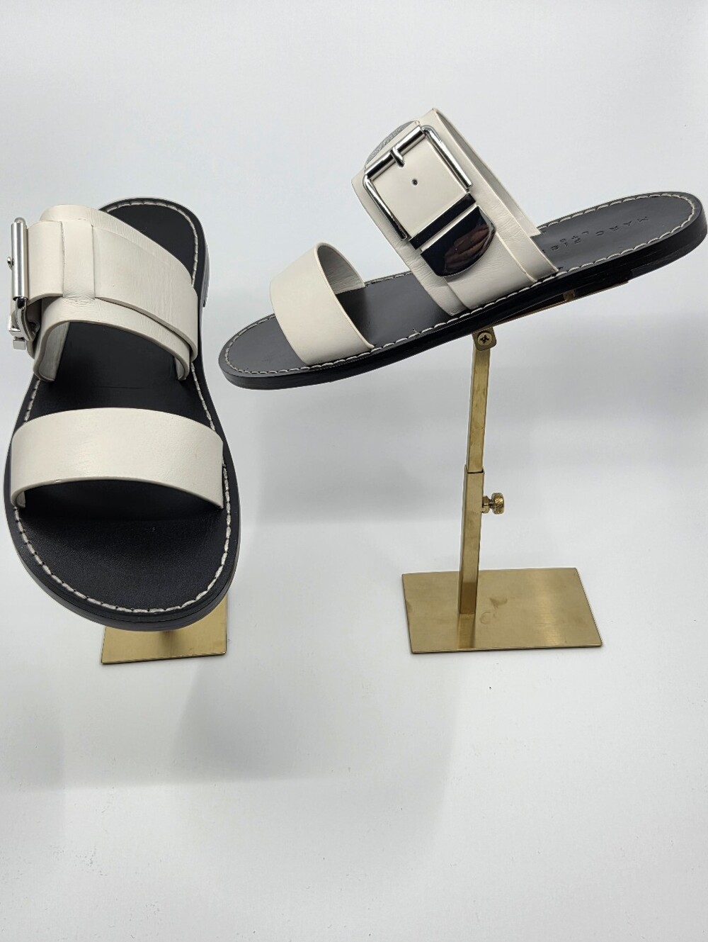 Marc Fisher White Leather Double-Strap Slide Sandals with Silver Buckle